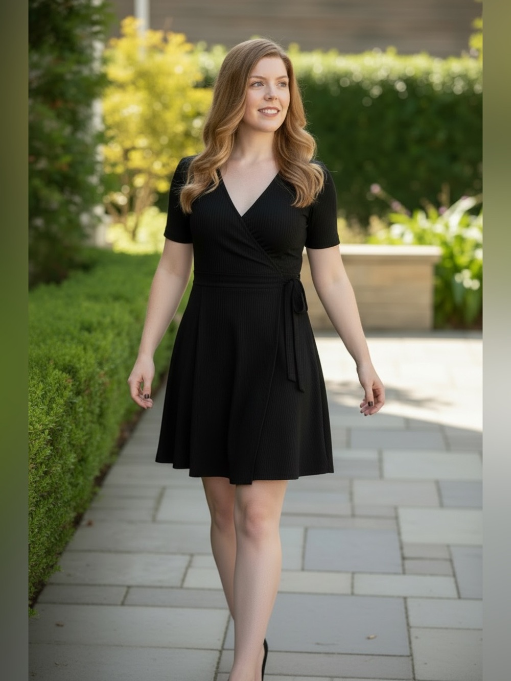 Zara Black Wrap-Style Ribbed Knit Dress